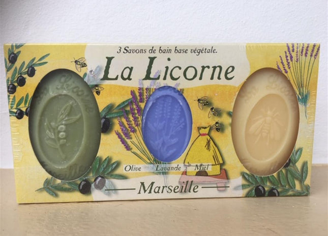 Coffret 3 Savons de Marseille Olive Lavande Miel 450 grs